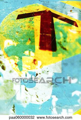 Red arrow on flaking paint background, close-up View Large Illustration Drawing - Red arrow on flaking paint background, close-up. Fotosearch