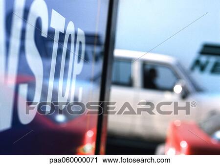 Clip Art - Stop text and car, close-up. Fotosearch