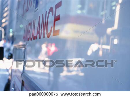 Street scene reflected on white ambulance, composite, close-up View Large Illustration Stock Illustration - Street scene reflected on white ambulance, composite, close-up. Fotosearch