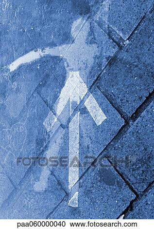 Clipart - White arrow and human figure on paving stones, close-up. Fotosearch