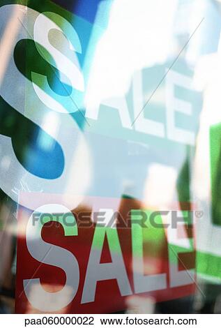 Word sale on shop windows, composite, close-up View Large Illustration Drawing - Word sale on shop windows, composite, close-up . Fotosearch