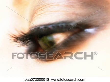 Stock Photo - Woman's brown eye looking down, blurred close up.. Fotosearch