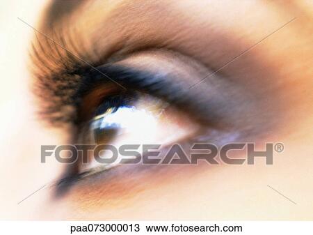 Stock Image - Woman's brown eye, side view, blurred.. Fotosearch