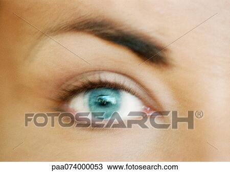 Stock Image - Woman's green-blue eye, close-up, blurry.. Fotosearch