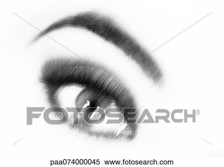 Stock Photography - Woman's made-up eye, close-up, blurry, black and white.. Fotosearch