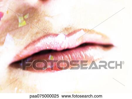 Woman wearing pink lipstick, close up of mouth with confetti. View Large Photo Image Stock Photography - Woman wearing pink lipstick, close up of mouth with confetti.. Fotosearch