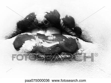 Woman's painted lips, close up, black and white View Large Photo Image Stock Photograph - Woman's painted lips, close up, black and white. Fotosearch