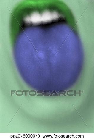 Close up of woman's green mouth with blue tongue sticking out, blurry. View Large Photo Image Stock Image - Close up of woman's green mouth with blue tongue sticking out, blurry.. Fotosearch