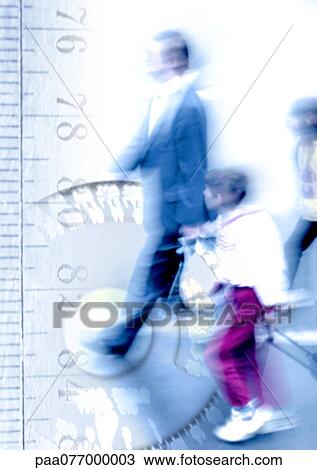 Stock Image - Businessman and children walking on ruler, montage. Fotosearch