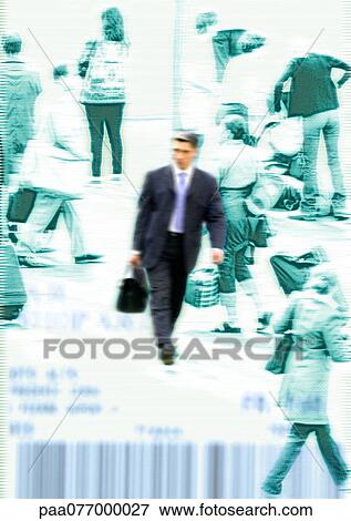 Stock Photo - Businessman, in color, walking through crowd in b&w, montage. Fotosearch
