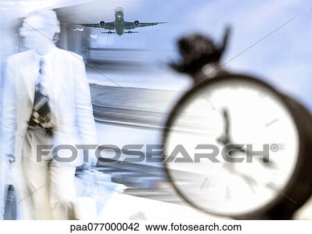 Stock Image - Businessman walking next to clock, with plane in background, montage. Fotosearch