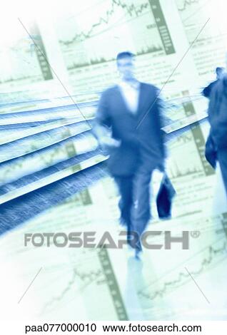 Stock Image - Businessman with briefcase walking through financial statistic graphs, montage. Fotosearch