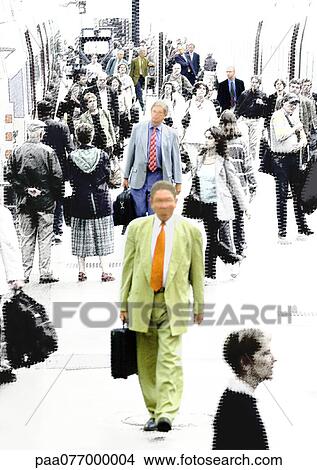 Picture - Businessmen walking with briefcases, in color, through crowd on platform, b&w. Fotosearch