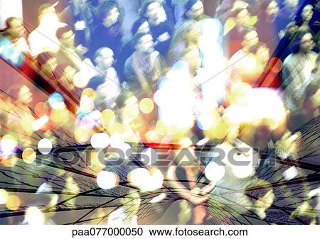 Stock Image - Crowd of people, superimposed on skyscraper. Fotosearch