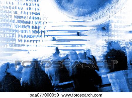Stock Photo - Crowd of people, with arrival and departure board, blue-toned, montage. Fotosearch