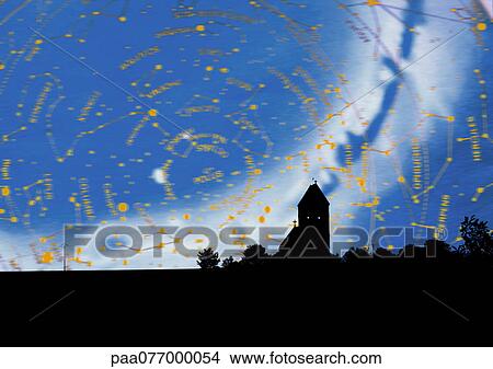 Landscape in silhouette, superimposed on map of constellations View Large Photo Image Picture - Landscape in silhouette, superimposed on map of constellations. Fotosearch