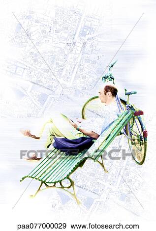 Stock Photo - Man sitting on bench reading next to bike, on city map, montage. Fotosearch