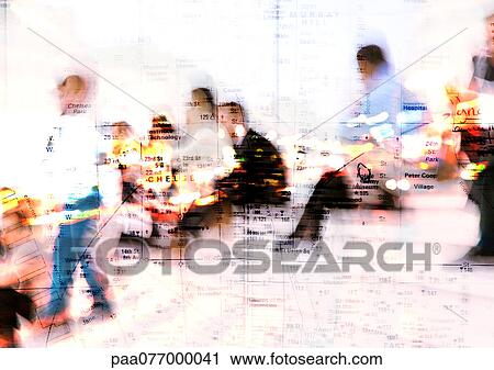 Stock Image - People sitting, superimposed on map, blurry.. Fotosearch