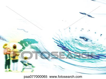 Stock Photography - People standing with stroller and water, montage. Fotosearch
