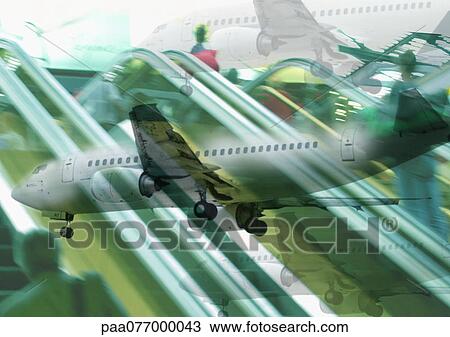 Stock Image - Planes and escalators, montage. Fotosearch