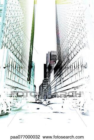 Street lined with skyscrapers, solarized View Large Photo Image Stock Image - Street lined with skyscrapers, solarized. Fotosearch