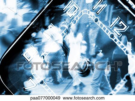 Stock Photo - Watch superimposed over people walking, montage. Fotosearch