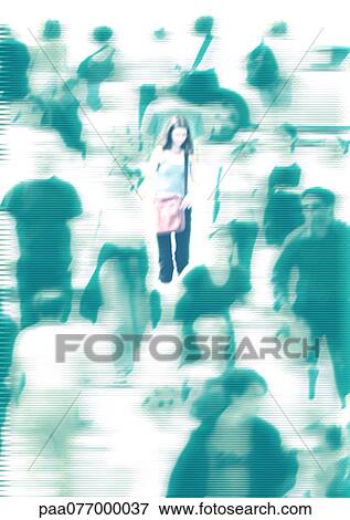 Stock Photo - Woman, in color, in crowd of people in b&w. Fotosearch