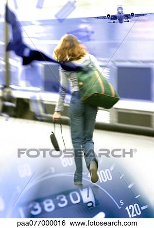 Stock Photograph - Woman walking, rear view, on speedometer with airplane in distance, montage. Fotosearch
