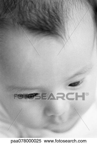 Stock Photography - Baby's head, high angle view, close-up, B&W.. Fotosearch