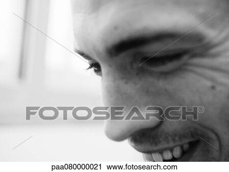 Man smiling, close up of face, black and white. View Large Photo Image Stock Image - Man smiling, close up of face, black and white.. Fotosearch