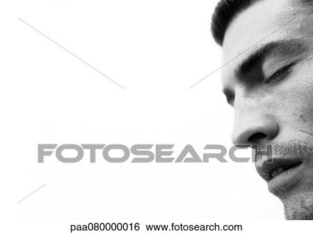 Man's face with eyes closed and mouth open, close-up, side view, black and white. View Large Photo Image Stock Photograph - Man's face with eyes closed and mouth open, close-up, side view, black and white.. Fotosearch