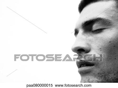Man's face with eyes closed and mouth open, close-up, side view, black and white. View Large Photo Image Stock Photography - Man's face with eyes closed and mouth open, close-up, side view, black and white.. Fotosearch