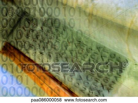 Stock Illustration - Binary code typography overlaying ancient writing, montage. Fotosearch