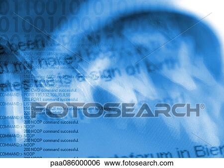 Stock Illustration - Binary typography overlaying computer command code, blue.. Fotosearch