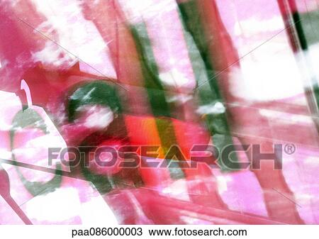 Drawing - Call type, blurry, red overlaying abstract imagery, montage. Fotosearch