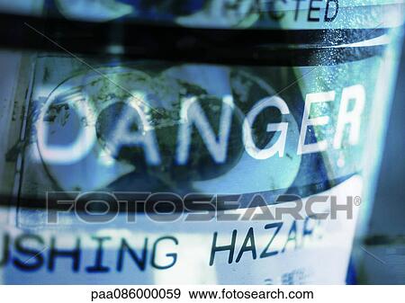 Stock Illustration - Danger typography in blues, montage. Fotosearch