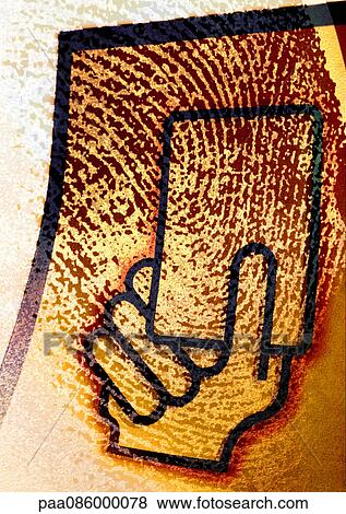 Stock Illustration - Extreme close-up of fingerprint, with hand holding card symbol, montage. Fotosearch