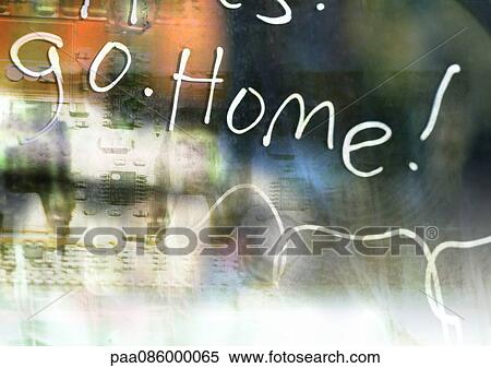 Stock Illustration - Go Home typography overlaying blurry, abstract image, montage. Fotosearch