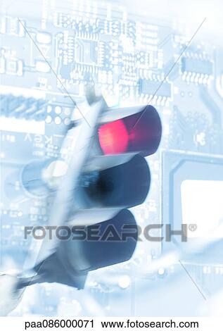 Clip Art - Stop light overlaying circuit board, montage. Fotosearch