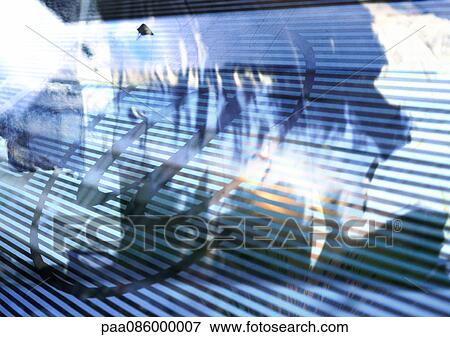 Stock Illustration - Typographic symbol "@" overlaying abstract colors, blue and white perspective stripes, montage. Fotosearch