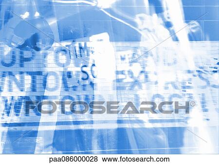 Stock Illustration - Typographic text, blue and white, montage. Fotosearch