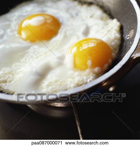 Stock Image - Close-up of eggs frying in a pan.. Fotosearch