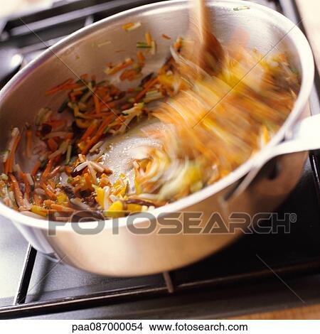 Picture - Close-up of food being stirred in pan on stove. Fotosearch