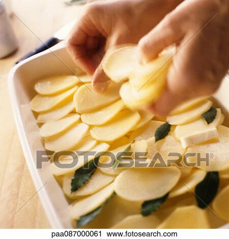 Stock Image - Close-up of hands preparing scalloped potatoes. Fotosearch