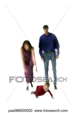 Stock Image - Silhouette of parents with crawling child, on white background, defocused. Fotosearch