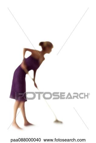 Stock Image - Silhouette of woman mopping floor, on white background, defocused. Fotosearch