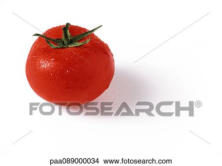 Tomato with stem, covered with droplets of water, close-up View Large Photo Image Picture - Tomato with stem, covered with droplets of water, close-up. Fotosearch