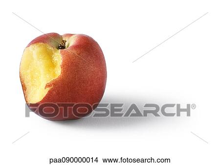 Peach with bite missing, close-up View Large Photo Image Picture - Peach with bite missing, close-up. Fotosearch