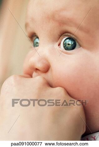 Stock Photo - Baby's face and adult hand, close-up. Fotosearch