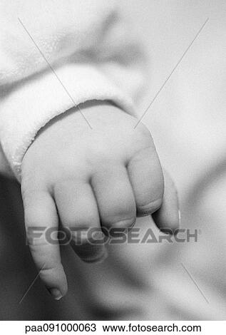 Stock Image - Baby's hand, close-up, b&w. Fotosearch